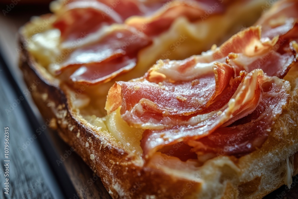 Closeup of a crispy, golden-brown baguette topped with melted cheese and crispy bacon slices. Closeup of a crispy, golden-brown baguette topped with melted cheese and crispy bacon slices.