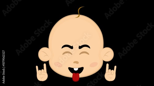 video animation emoticon face character baby cartoon, making the classic heavy metal gesture with hands and sticking out tongue, on a transparent background with alpha channel set to zero photo