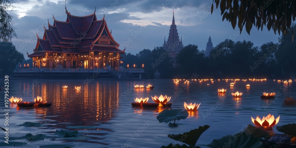 Obraz premium Thai temple in twilight with krathongs floating on nearby water,space for text