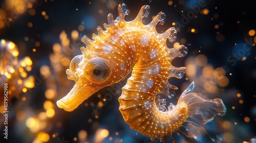 A close-up of a yellow seahorse with a sparkling background.