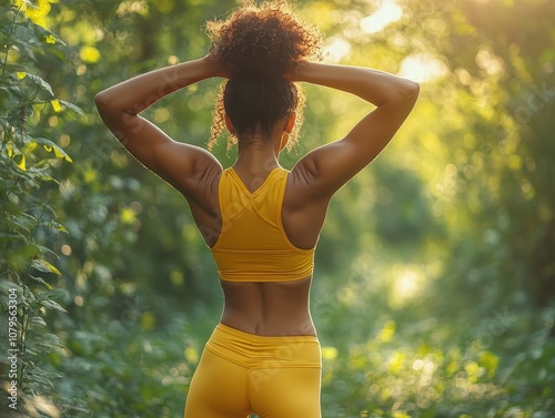 Activewear Stretch in Sunlit Park, fitness enthusiast practicing flexibility, surrounded by vibrant greenery, infused with energetic ambiance photo