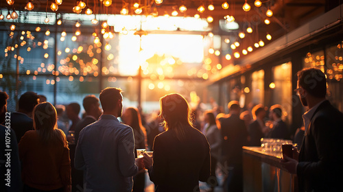 Evening Social Gathering at a Trendy Bar with People Enjoying Drinks and Conversations Under Warm Ambient Lighting