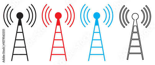 Antenna icon set. Wireless communication icons. Radio antenna icon. Communication tower icons. Radio tower icons. Transmitter, receiver, wireless signal icons.