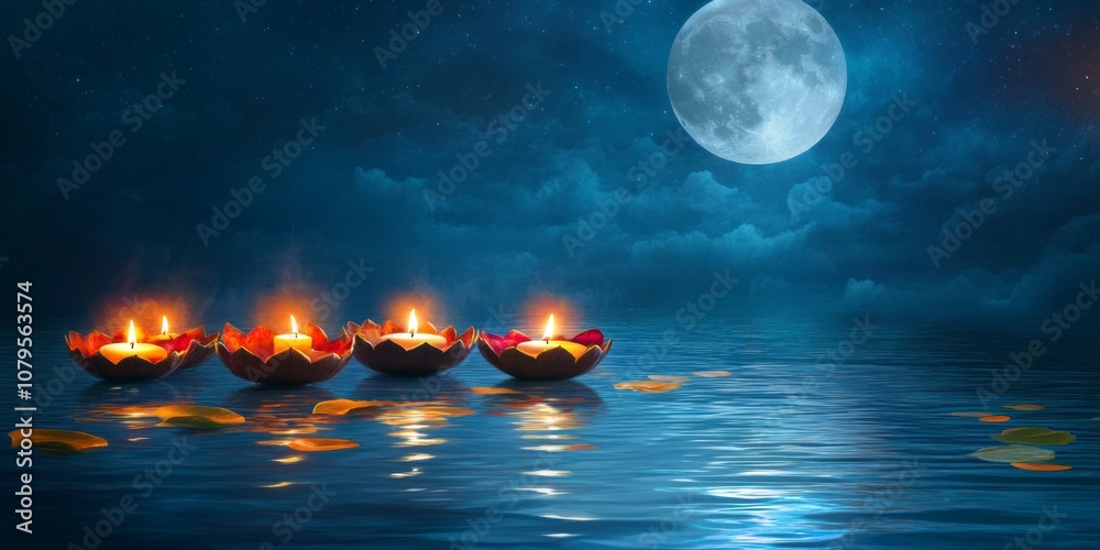 Fototapeta premium Reflection of krathongs and candlelight on the water under a full moon,space for text