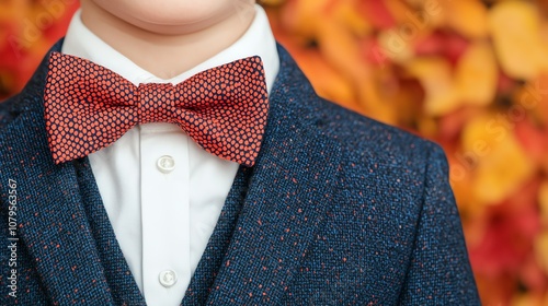 Turkeypatterned bow tie on a child s suit, midshot, autumn foliage behind photo