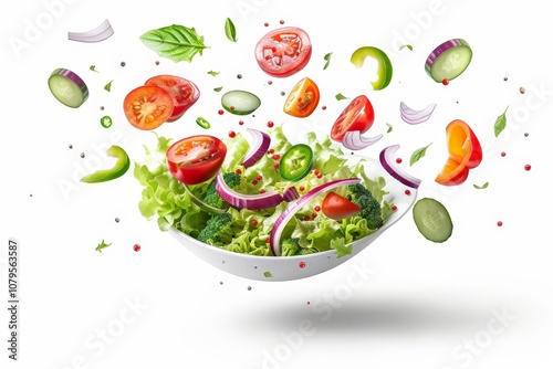 Fresh Salad with Flying Ingredients Isolated On White
