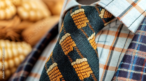 Woven tie with corn and pilgrim hat icons, lowangle closeup on plaid shirt photo