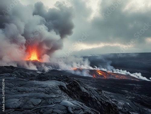 Dramatic scene of a volcano erupting with lava spewing from the crater, thick ash clouds, showcasing nature's raw power