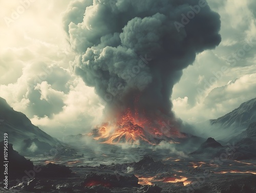 Dramatic scene of a volcano erupting with lava spewing from the crater, thick ash clouds, showcasing nature's raw power