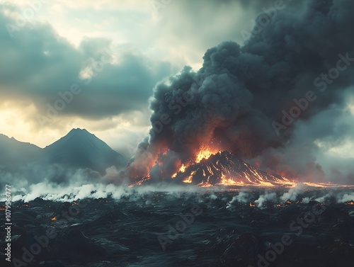 Dramatic scene of a volcano erupting with lava spewing from the crater, thick ash clouds, showcasing nature's raw power