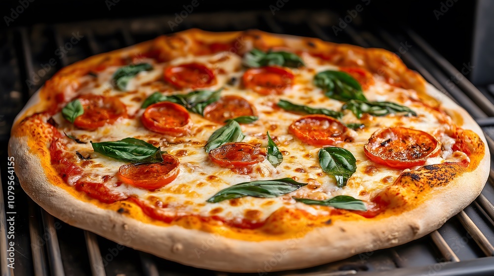 A freshly made pizza is baking in a traditional stone oven, showcasing vibrant toppings of mozzarella, juicy tomatoes, and aromatic basil. The warm glow of the oven enhances the flavors. A freshly made pizza is baking in a traditional stone oven, showcasing vibrant toppings of mozzarella, juicy tomatoes, and aromatic basil. The warm glow of the oven enhances the flavors.
