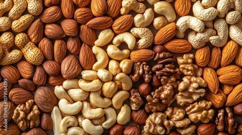 Close Up of Mixed Nuts - Almonds, Cashews, Peanuts, Walnuts, and Hazelnuts - Healthy Snack and Food Texture