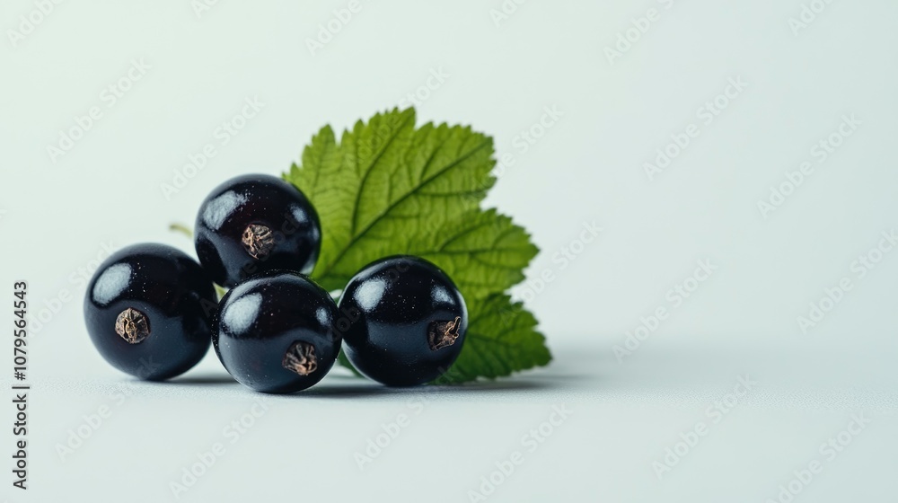 Four juicy blackcurrants accompanied by a green leaf set against a white background Four juicy blackcurrants accompanied by a green leaf set against a white background