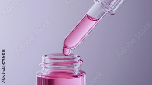 Close up of an oil or serum bottle with a pipette on a grey background featuring a pink cosmetic product with selective focus photo