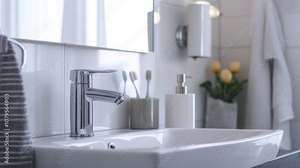 Close up of a contemporary bathroom featuring a water heater mirror and washbasin sink Close up of a contemporary bathroom featuring a water heater mirror and washbasin sink