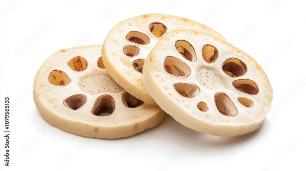 Fototapeta premium Fresh lotus root slices isolated against a white background
