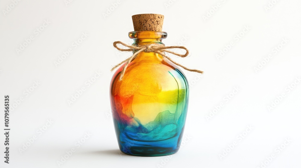 A vibrant bottle featuring a cork stopper and wrapped with twine A vibrant bottle featuring a cork stopper and wrapped with twine