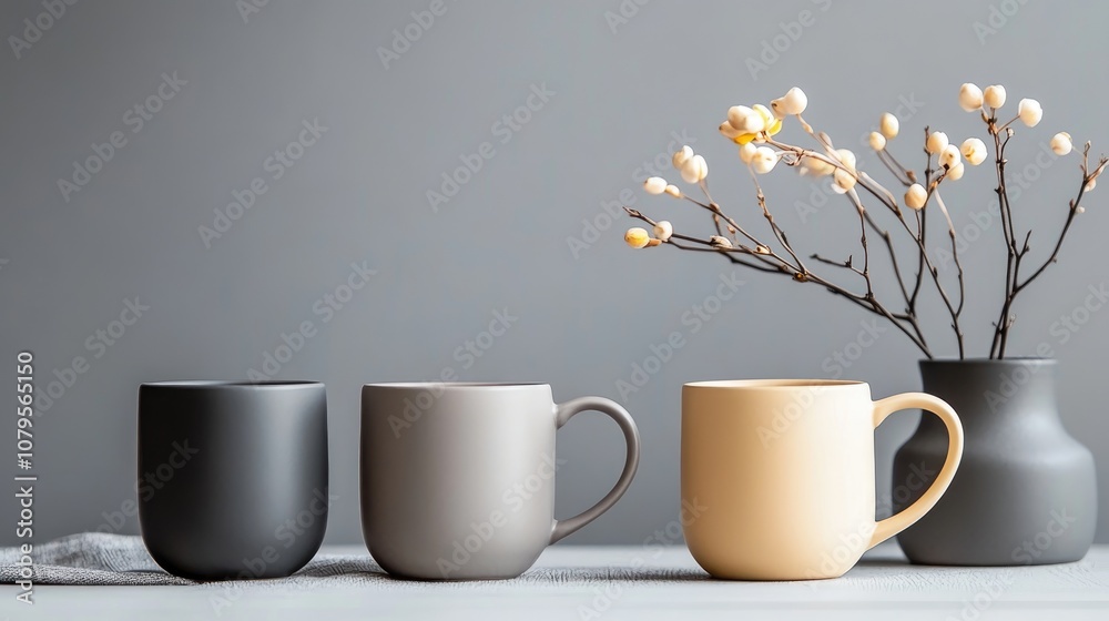 Grey ceramic espresso and coffee mugs positioned on a grey backdrop Grey ceramic espresso and coffee mugs positioned on a grey backdrop