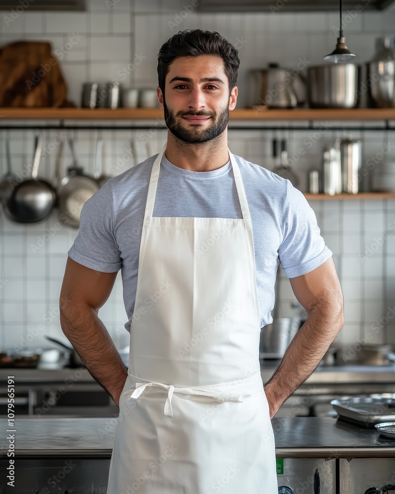Confident Male Chef in White Apron Standing in a Modern Kitchen Confident Male Chef in White Apron Standing in a Modern Kitchen