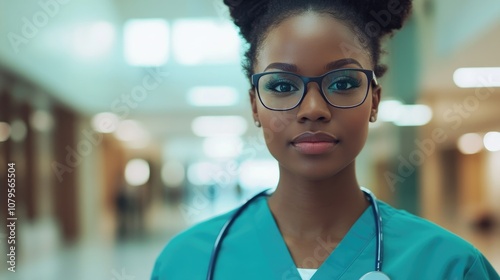 A serious medical professional wearing scrubs within a healthcare environment