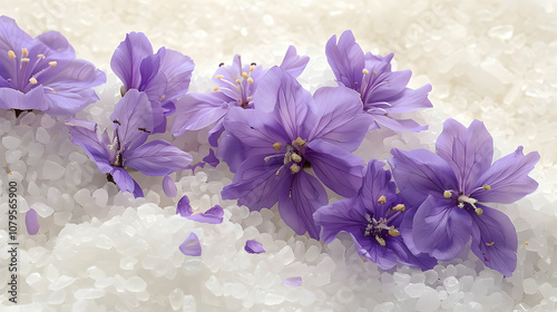 Delicate purple flowers surrounded by white salt crystals nature photography tranquil environment close-up perspective serenity and beauty