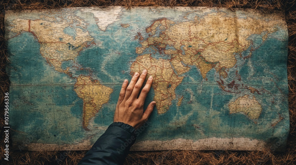 Obraz premium Vintage World Map with Hand Reaching Out