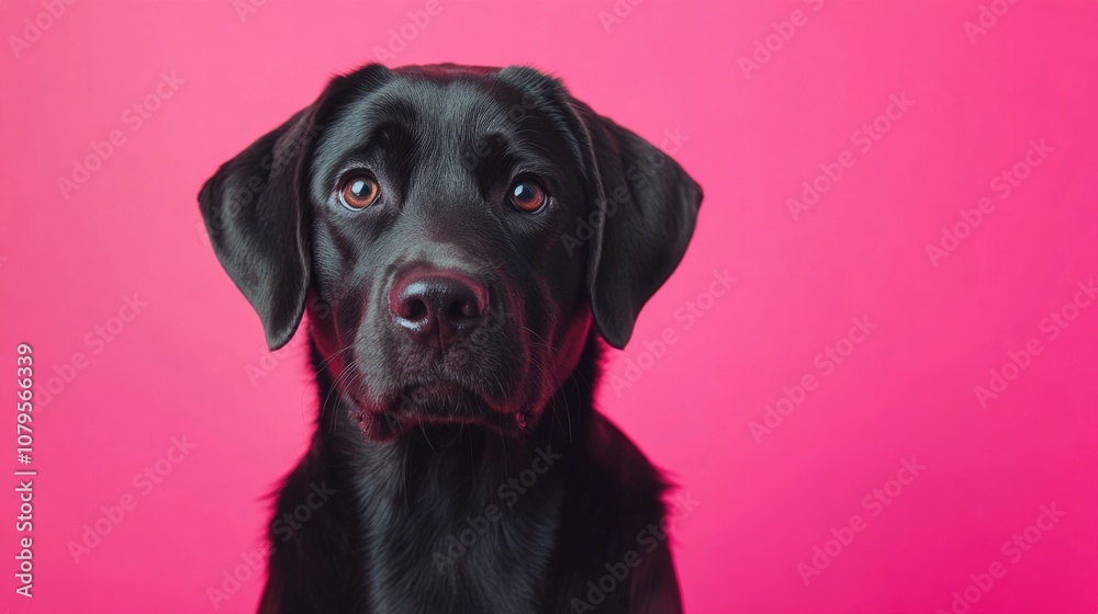A charming portrait of a labrador dog set against a vibrant pink background A charming portrait of a labrador dog set against a vibrant pink background