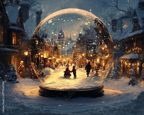 Victorian Christmas town inside a glowing snow globe, children sledding down snow-covered streets