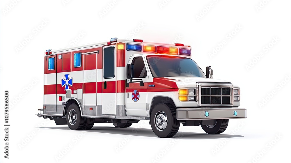 White and Red Emergency Ambulance with Lights