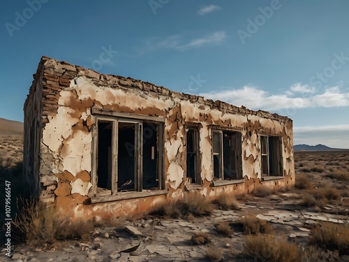 A crumbling building with broken windows sits in a desolate landscape.