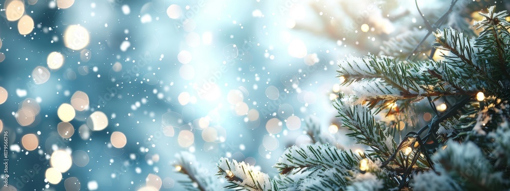 Snowy Pine Tree Branch with Christmas Lights Snowy Pine Tree Branch with Christmas Lights