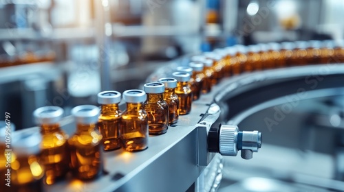 Wallpaper Mural Medical vials on a production line in a manufacturing facility Machinery operating for the production of pharmaceutical glass bottles Torontodigital.ca