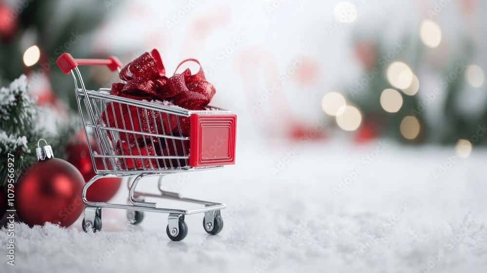 Mini supermarket shopping cart on a white background featuring a holiday sale and shopping theme with selective focus and ample copy space