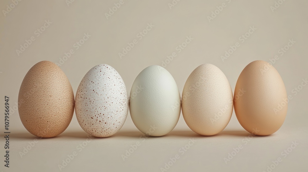 Five assorted fresh eggs arranged on a neutral backdrop Five assorted fresh eggs arranged on a neutral backdrop