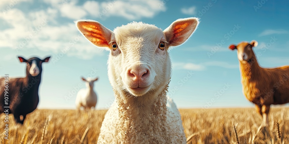 Obraz premium Animals pets migration concept. A curious sheep stands in a golden field, surrounded by other sheep, under a clear blue sky, showcasing the beauty of pastoral life.
