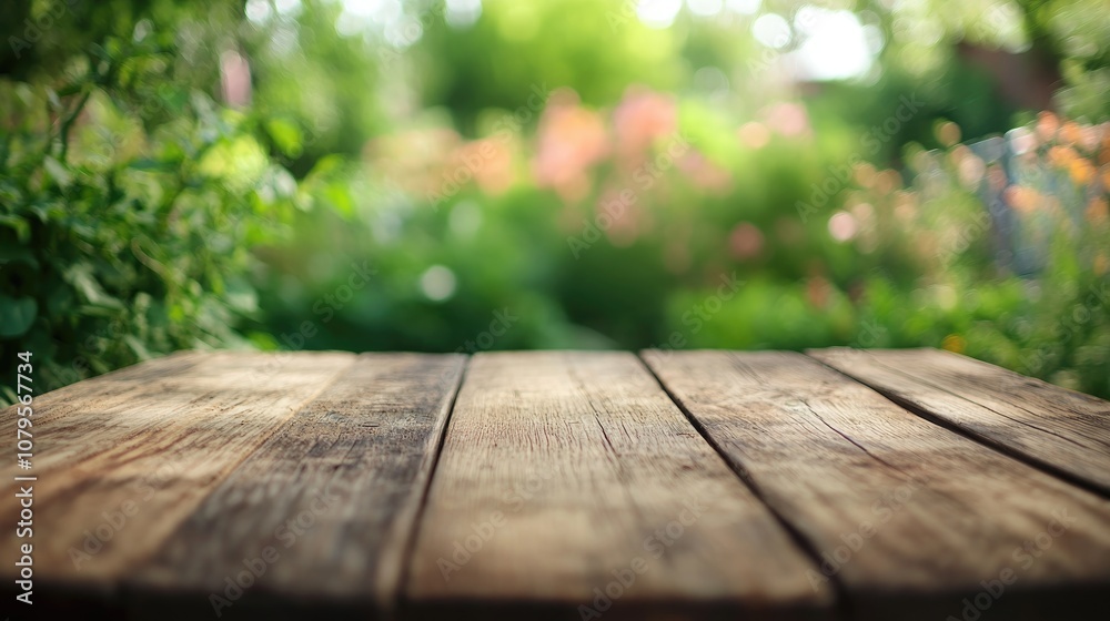 Wooden tabletop in focus with a soft green garden ambiance in the background Wooden tabletop in focus with a soft green garden ambiance in the background