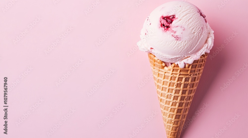 Ice cream served in a waffle cone against a pink backdrop Ice cream served in a waffle cone against a pink backdrop