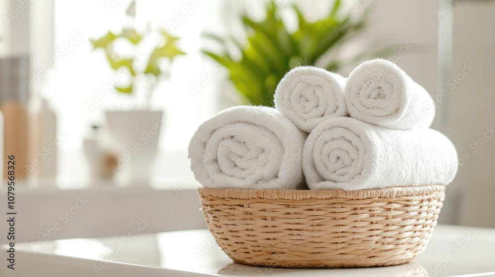 Basket of rolled white towels in a bright bathroom featuring minimalist decor Concept of home spa and relaxation Basket of rolled white towels in a bright bathroom featuring minimalist decor Concept of home spa and relaxation
