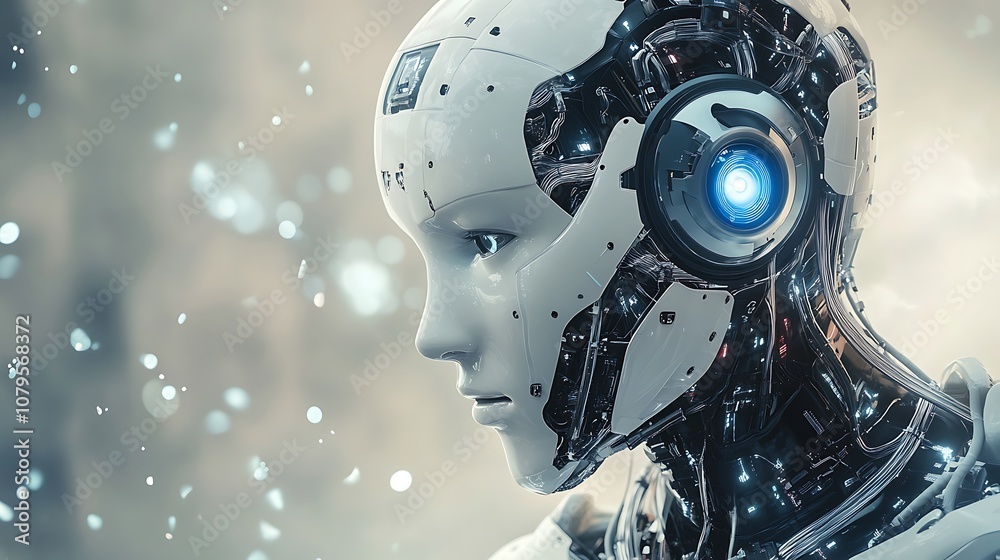 Fototapeta premium Close-Up Portrait of a White Android with a Blue Eye