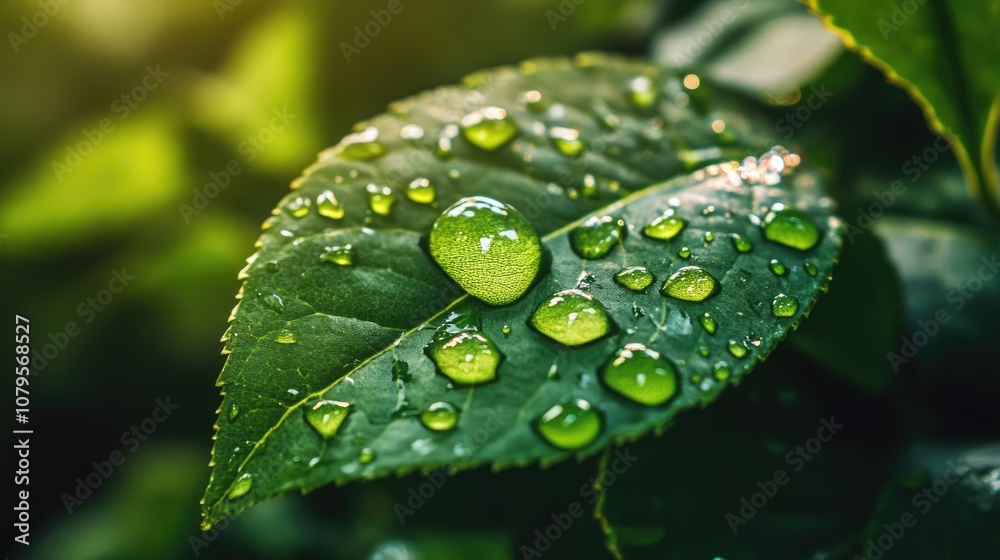 Water droplets on a green leaf close up view