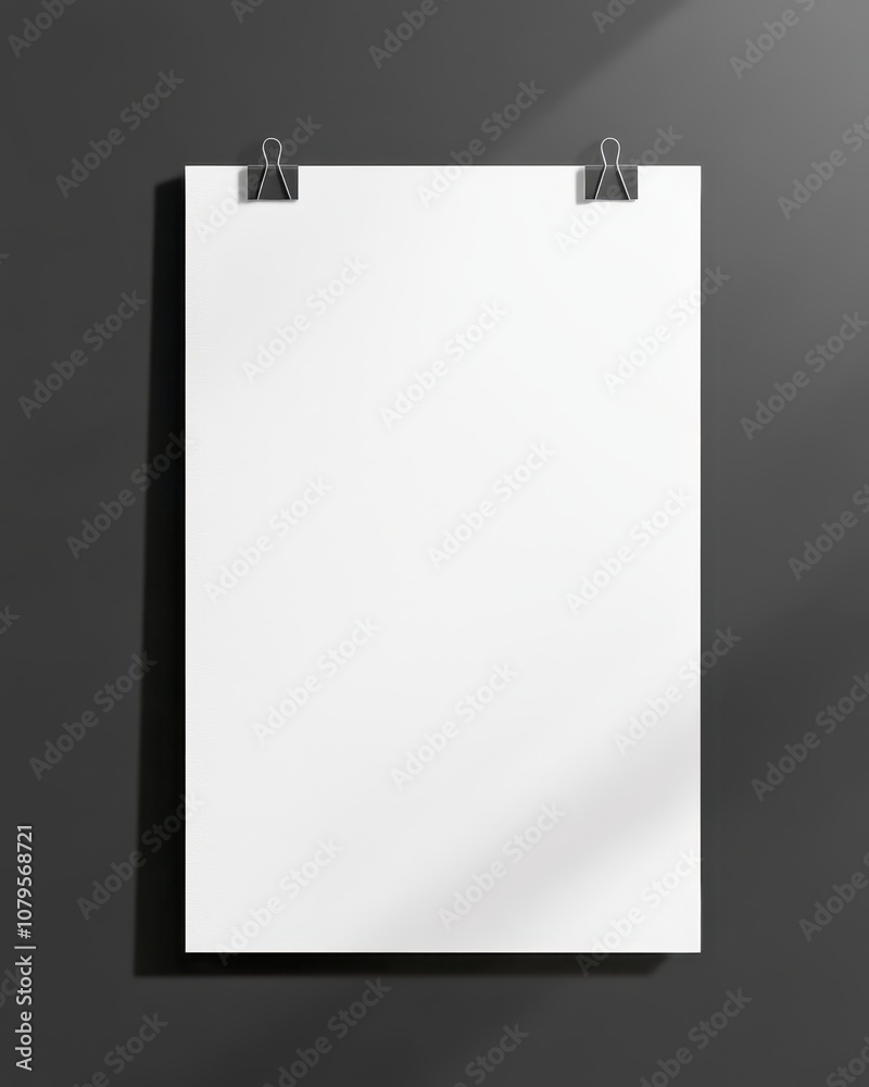 Blank White Paper Mockup on a Dark Grey Wall with Binder Clips. Blank White Paper Mockup on a Dark Grey Wall with Binder Clips.