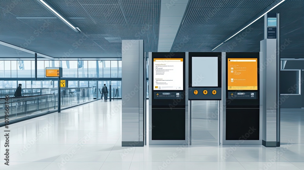 Airport Terminal with Digital Information Screens and Passengers Walking Airport Terminal with Digital Information Screens and Passengers Walking