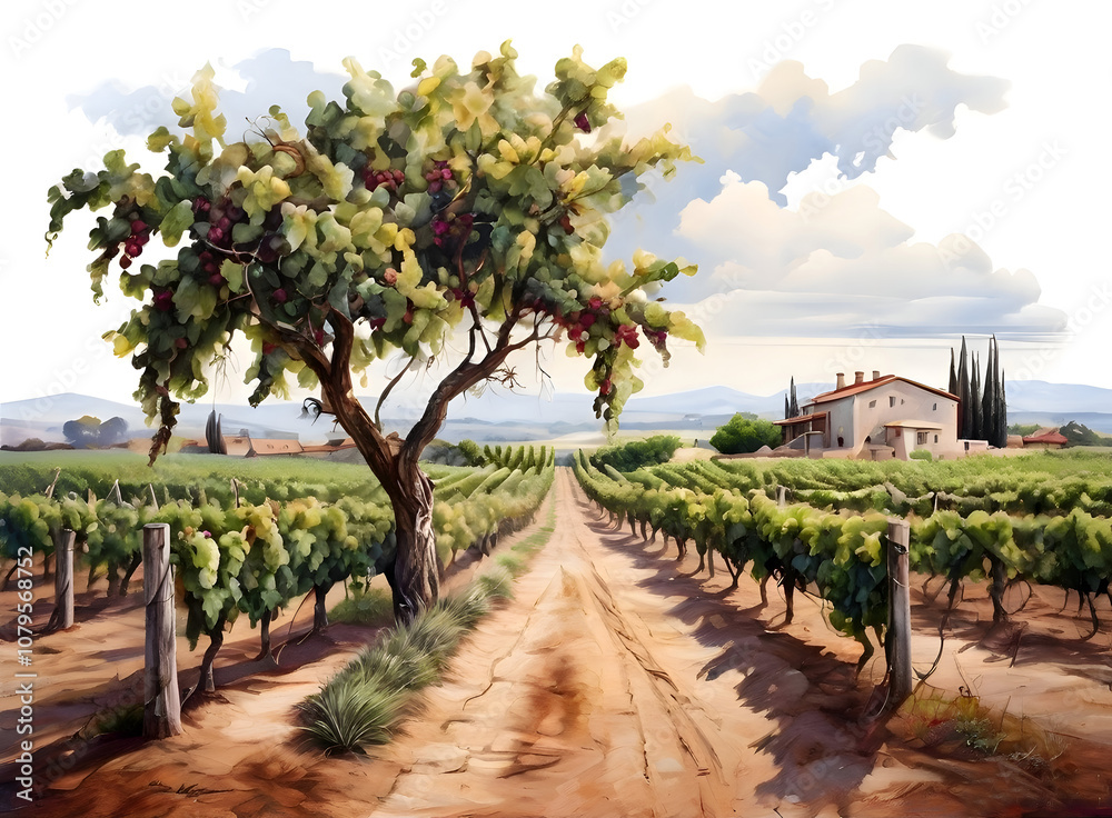Naklejka premium Vineyard Oil Painting Landscape Art