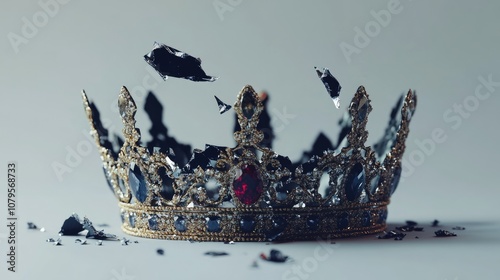 Shattered royal crown adorned with precious stones against a minimalistic background Concept the decay of monarchy symbolizing the end of a king s reign
