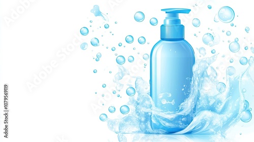 Blue Liquid Soap Bottle with Water Splashes and Bubbles