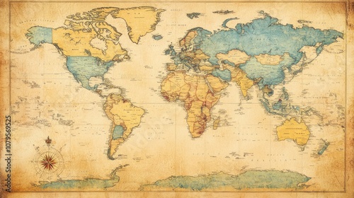 Vintage World Map with Compass Rose