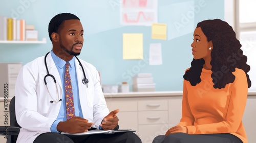 informed consent law, African-American male lawyer counseling a patient on informed consent, reassuring tone, organized space