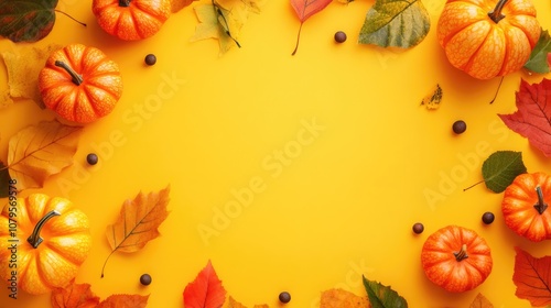 Autumn leaves and tiny pumpkins on a bright yellow backdrop creating a seasonal border design perfect for fall themed social media posts or harvest celebration invitations photo