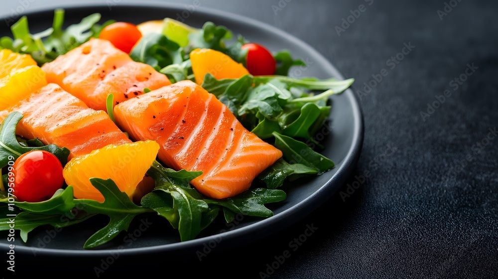 A vibrant dish features fresh smoked salmon arranged on a bed of arugula, complemented by cherry tomatoes and citrus slices. This healthy salad is perfect for lunch or dinner. A vibrant dish features fresh smoked salmon arranged on a bed of arugula, complemented by cherry tomatoes and citrus slices. This healthy salad is perfect for lunch or dinner.