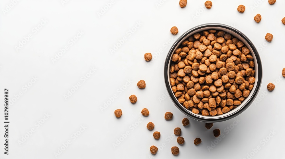 A bowl filled with dry cat food set against a white backdrop A bowl filled with dry cat food set against a white backdrop
